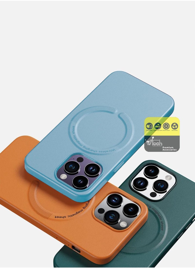 Wtech - Luxury Leather MagSafe Magnetic Wireless Charging And Shockproof Case Cover For Apple iPhone 14 Pro Max 6.7 Inch Sky Blue - Image 1