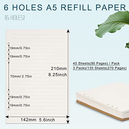 Toplive A5 Refill Paper, [3 Pack] Toplive 100GSM Thick Refillable 6 Hole Filler Inserts - 135 Sheets (270 Pages) for 6 Ring Binder Journal Notebook, Lined - Image 2