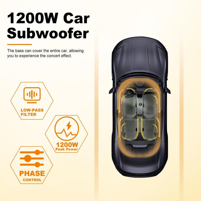 litillbuly 10 Inch 1200W Orange Car Subwoofer,Slim Under Seat Car Subwoofer Powered, High/Low Level Input, Car/Truck Car Audio Subwoofer Sub Built in Amplifier - Image 3