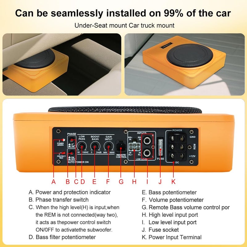 litillbuly 10 Inch 1200W Orange Car Subwoofer,Slim Under Seat Car Subwoofer Powered, High/Low Level Input, Car/Truck Car Audio Subwoofer Sub Built in Amplifier - Image 4