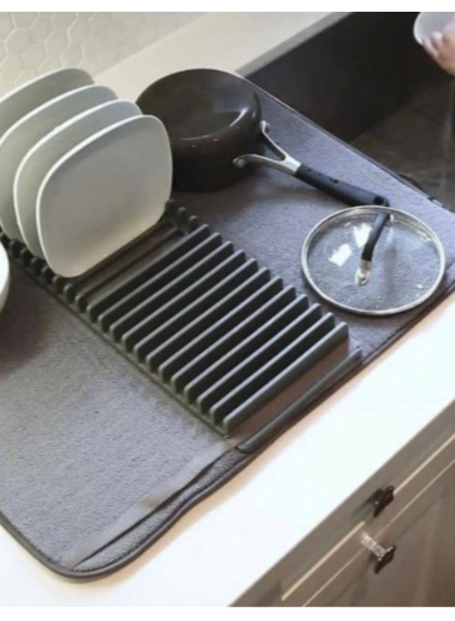 Multifunctional Kitchen Drain Pad and Dish Drying Mat Highly Absorbent Foldable Countertop Dish Organizer with Integrated Plate Rack Grey - Image 3