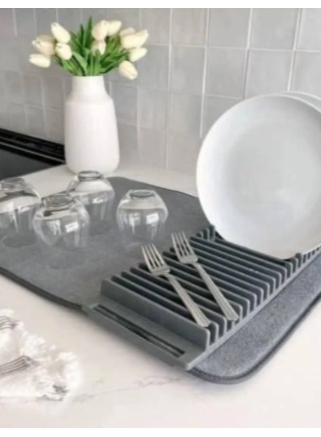 Multifunctional Kitchen Drain Pad and Dish Drying Mat Highly Absorbent Foldable Countertop Dish Organizer with Integrated Plate Rack Grey - Image 4