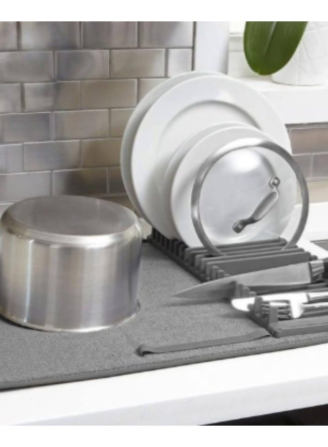 Multifunctional Kitchen Drain Pad and Dish Drying Mat Highly Absorbent Foldable Countertop Dish Organizer with Integrated Plate Rack Grey - Image 2