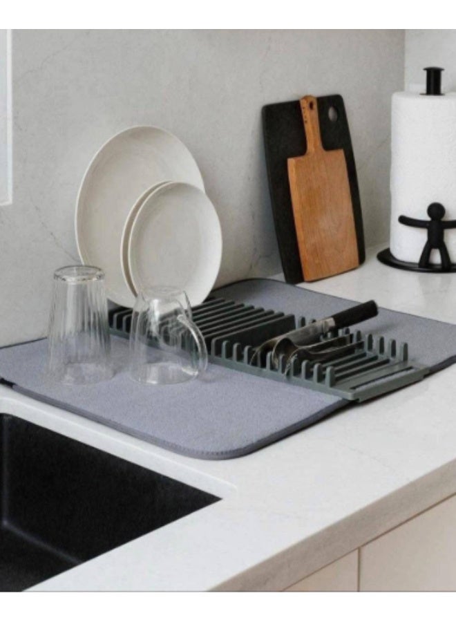 Multifunctional Kitchen Drain Pad and Dish Drying Mat Highly Absorbent Foldable Countertop Dish Organizer with Integrated Plate Rack Grey - Image 1