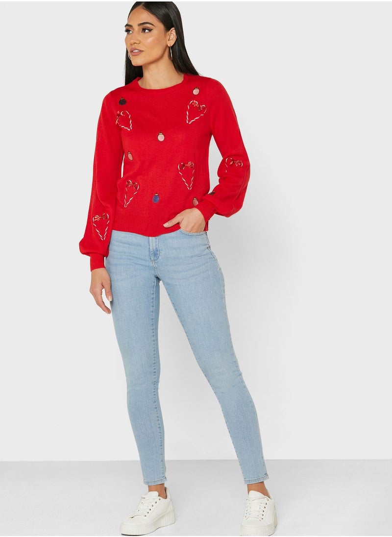 VERO MODA - Round Neck Christmas Print Sweater - Image 1