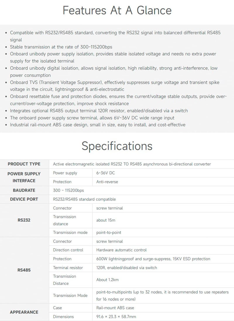 Waveshare محول RS232 إلى RS485 (B) مثبت على السكك الحديدية، عازل رقمي نشط، مقاوم للصواعق 600 واط ومضاد للزيادة، حماية متعددة العزل، مسافة نقل 1.2 كم، مناسب للاستخدام الصناعي/الزراعي/إنترنت الأشياء، إلخ. - Image 5