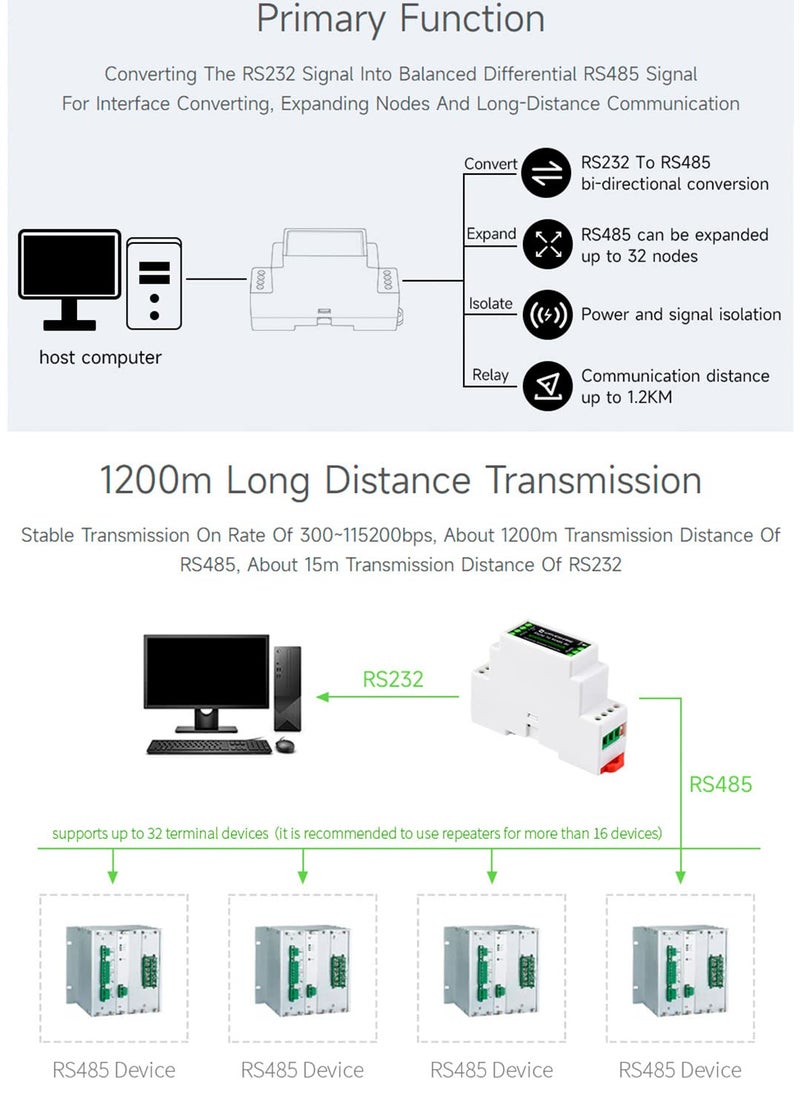 Waveshare محول RS232 إلى RS485 (B) مثبت على السكك الحديدية، عازل رقمي نشط، مقاوم للصواعق 600 واط ومضاد للزيادة، حماية متعددة العزل، مسافة نقل 1.2 كم، مناسب للاستخدام الصناعي/الزراعي/إنترنت الأشياء، إلخ. - Image 4