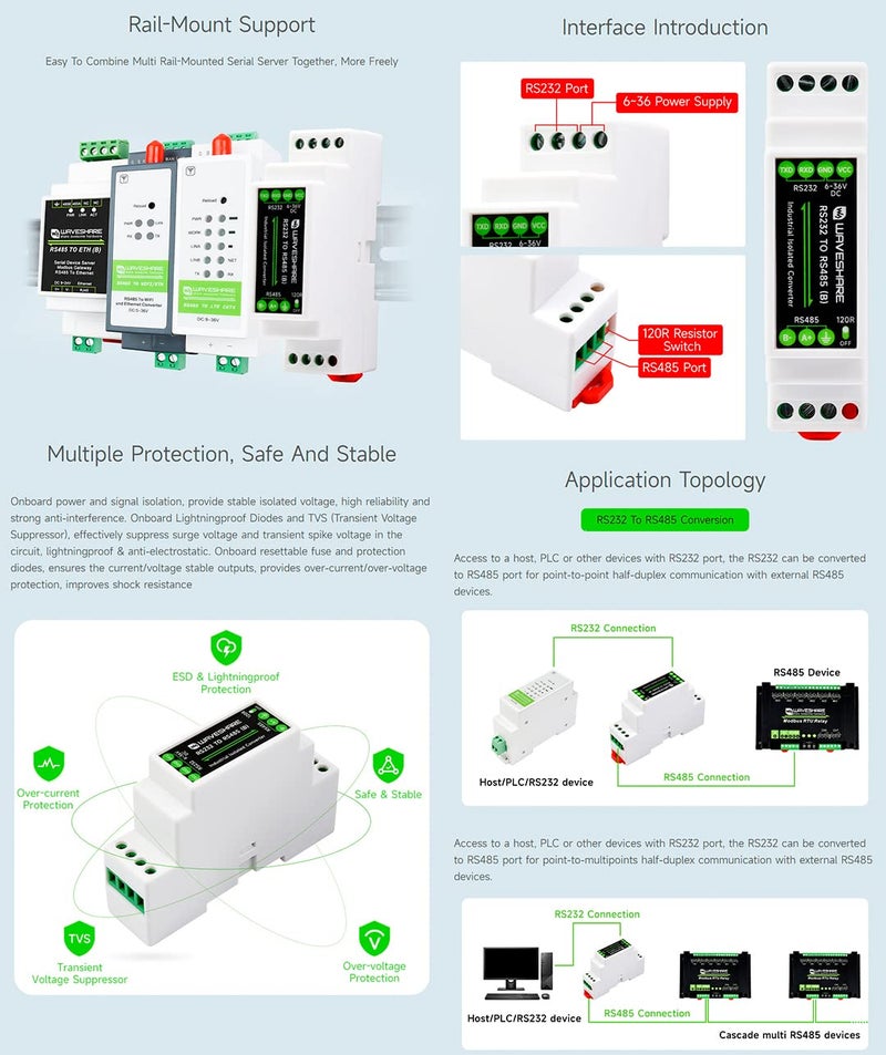 Waveshare محول RS232 إلى RS485 (B) مثبت على السكك الحديدية، عازل رقمي نشط، مقاوم للصواعق 600 واط ومضاد للزيادة، حماية متعددة العزل، مسافة نقل 1.2 كم، مناسب للاستخدام الصناعي/الزراعي/إنترنت الأشياء، إلخ. - Image 3