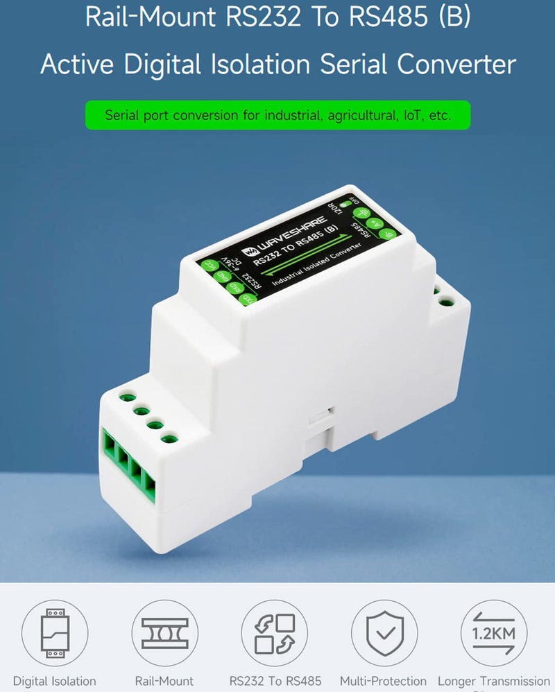 Waveshare محول RS232 إلى RS485 (B) مثبت على السكك الحديدية، عازل رقمي نشط، مقاوم للصواعق 600 واط ومضاد للزيادة، حماية متعددة العزل، مسافة نقل 1.2 كم، مناسب للاستخدام الصناعي/الزراعي/إنترنت الأشياء، إلخ. - Image 2