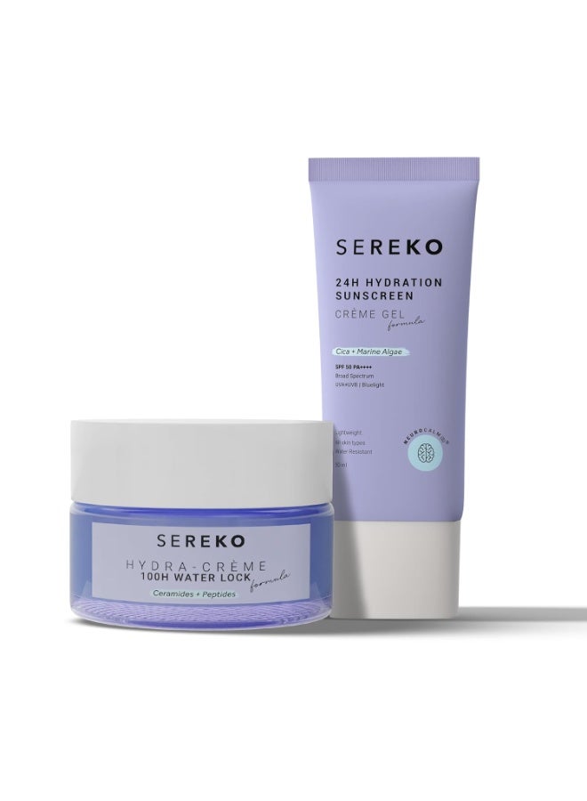 SEREKO Barrier-Boosting Hydration Combo |  Hydra Ceramide & Peptide Moisturizer, Skin Barrier Repair Cream 100 ml & SPF 50 Sunscreen Gel  50 mlNo White Cast, For Men & Women, All Skin Type - Image 1