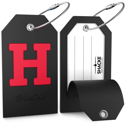 Shacke Initial Luggage Tag with Full Privacy Cover and Stainless Steel Loop - Black (Letter H) - Image 2