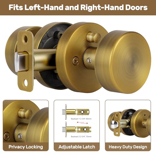 naubea Antique Brass Privacy Door Knobs Interior with Lock Old Style Round Door Knob Vintage Door Handle for Bedroom Bathroom Lockable Door Knob - Image 3