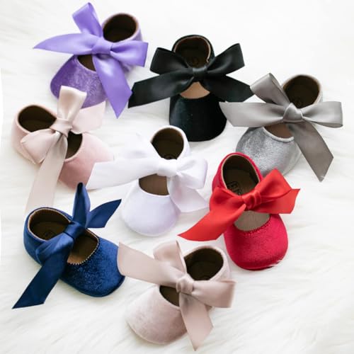 KIDSUN Infant Baby Girls Mary Jane Shoes Soft Sole Ballet Slippers Bow Princess Newborn Dress Wedding Flat Shoes (12-18 Months Toddler, A-Pink(Velvet)/, 12_Months) - Image 2
