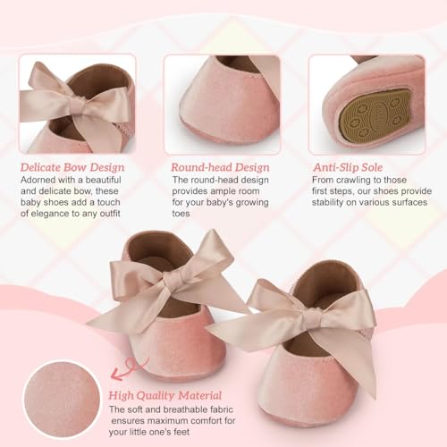 KIDSUN Infant Baby Girls Mary Jane Shoes Soft Sole Ballet Slippers Bow Princess Newborn Dress Wedding Flat Shoes (12-18 Months Toddler, A-Pink(Velvet)/, 12_Months) - Image 3