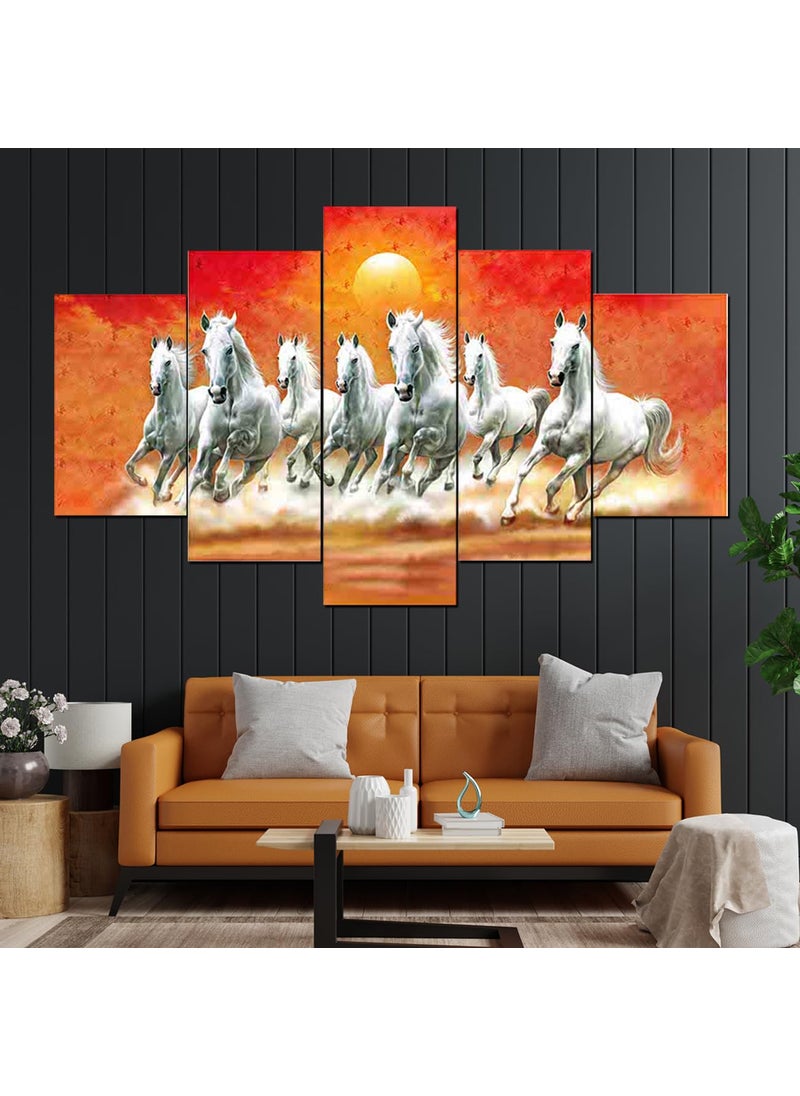 Perpetual perpetual Running Horse Painting for Wall Decoration - Set Of Five, 3d Scenery Vastu Wall Painting for Living Room Large Size with Frames for Home Decoration, Hotel, Office (125 CM X 60 CM) H6et 