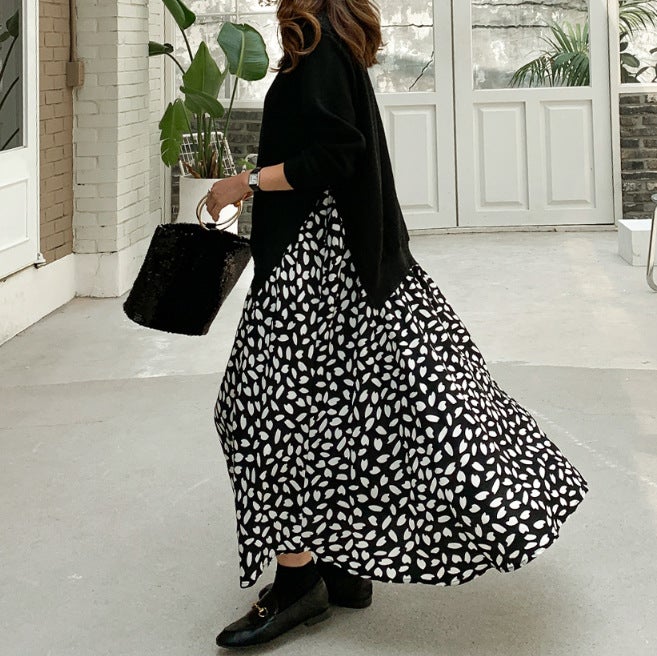 Autumn 2023 Plus Size Womens Long-Sleeved T-Shirt Stitching Printed Large-Swing Dress Crewneck Fake Two-Piece Long Dress Blue - Image 2