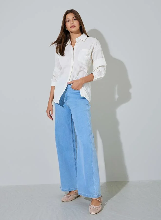 Styli White Textued Long Sleeve Longline Shirt