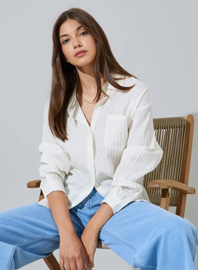 Styli White Textued Long Sleeve Longline Shirt