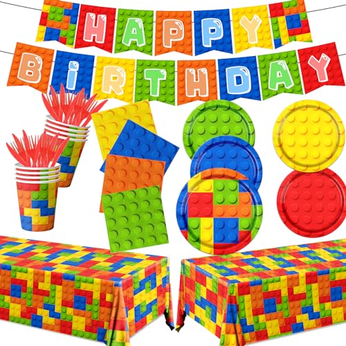 Bezkega Building Block Birthday Party Supplies143pcs Building Block Tableware Set Colorful Blocks Bricks Plates and Napkins Supplies Include Plates Cups Tablecloth Banner for Building Block Party - Image 1