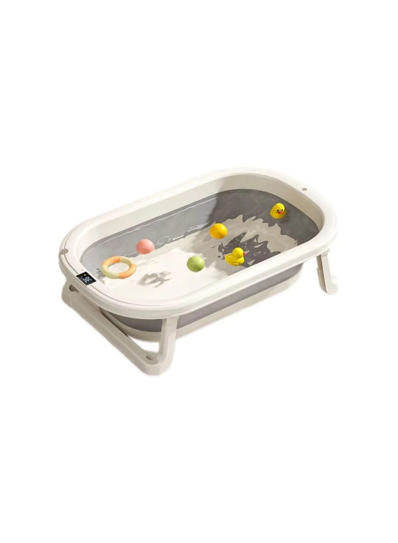 Baby bathtub with digital thermometer, drain plug, and hanging ring; foldable, travel-friendly, non-slip bathtub; gray. - Image 1