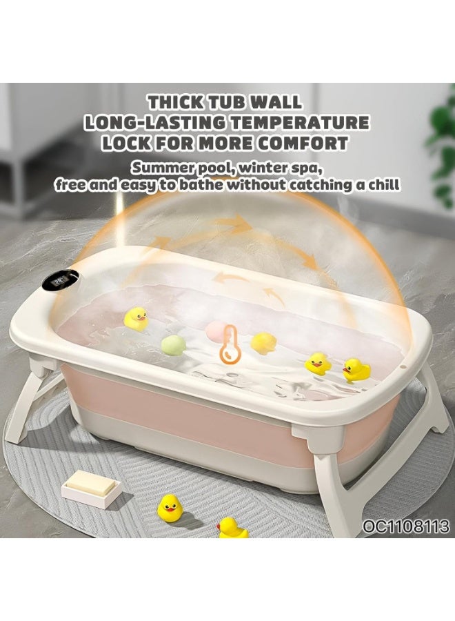 Baby bathtub with digital thermometer, drain plug, and hanging ring; foldable, travel-friendly, non-slip bathtub; gray. - Image 4