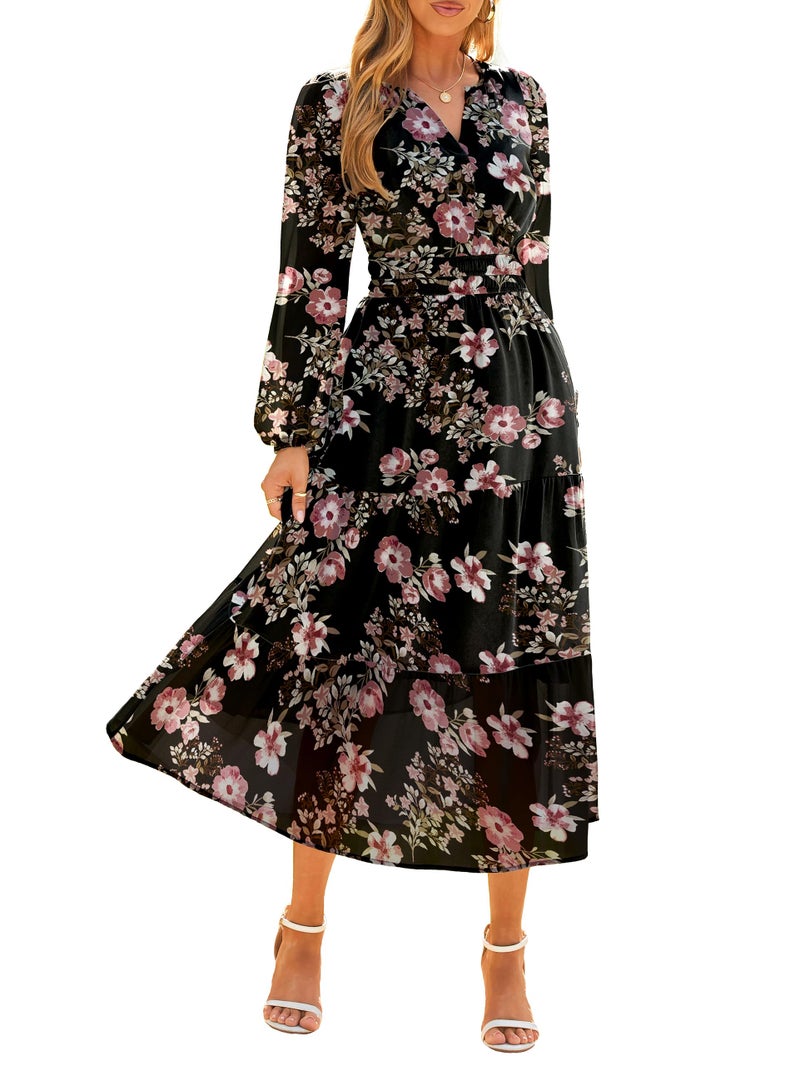 Simplee Women's Floral Boho Long Sleeve Maxi Dress V Neck Empire Waist Swing Flowy Wedding Guest Dress Black Pink Floral L - Image 1