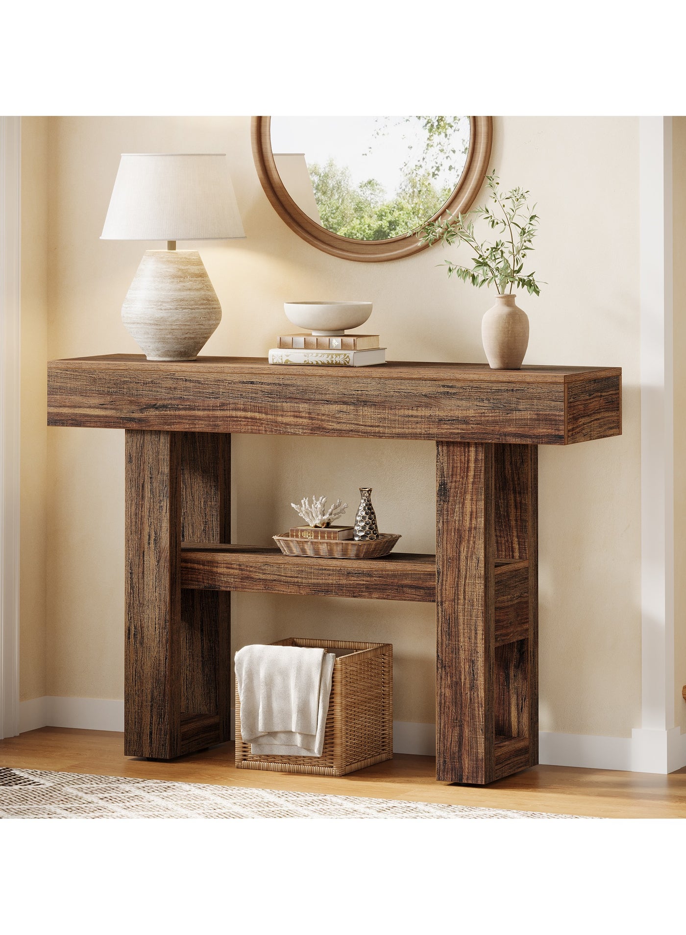 Farmhouse Console Table, 2-Tier Narrow Sofa Table Behind The Couch, 105CM Entryway Furniture with Storage Shelve Hallway Table for Living Room, Hallway, Foyer, Rustic Brown