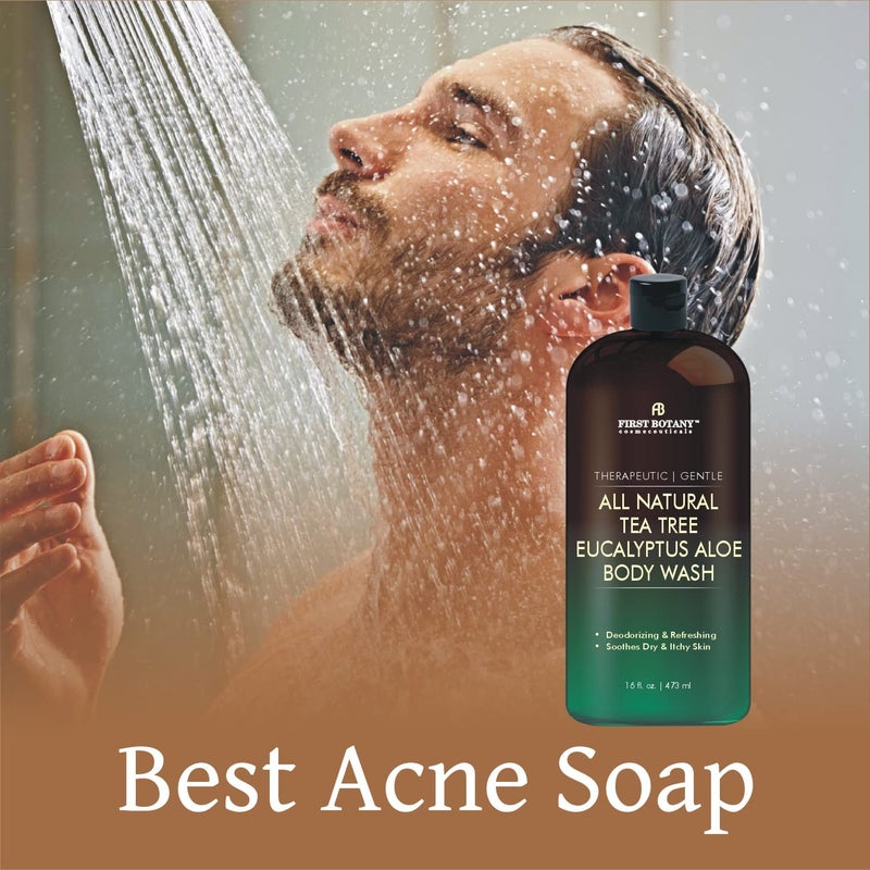 First Botany أول بوتاني، غسول الجسم الطبيعي بالكامل - يحارب رائحة الجسم، قدم الرياضي، حكة الفخذ، مشاكل الأظافر، قشرة الرأس، حب الشباب، الإكزيما، جل استحمام للنساء والرجال، منظف للبشرة - 16 أونصة سائلة (شجرة الشاي والأوكالبتوس) - Image 4