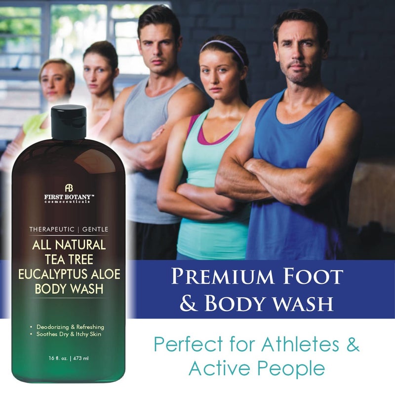 First Botany أول بوتاني، غسول الجسم الطبيعي بالكامل - يحارب رائحة الجسم، قدم الرياضي، حكة الفخذ، مشاكل الأظافر، قشرة الرأس، حب الشباب، الإكزيما، جل استحمام للنساء والرجال، منظف للبشرة - 16 أونصة سائلة (شجرة الشاي والأوكالبتوس) - Image 5