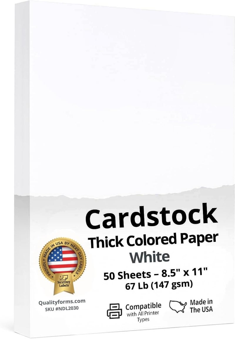 NextDayLabels Color Cardstock Paper - 50 Sheets - 8-1/2" x 11" - White 67 lb (147 gsm) - Thick Colored Paper for Crafting, Invitations, Posters, Flyers, and DIY Projects - Made in USA - Image 1