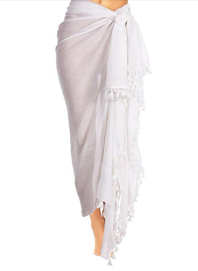 GUSGU Long Sarong Cover Up Womens with Tassel Beach Cover Up Bikini Bathing Suit Swimsuit Scarf Swimwear Coverup Sarong Pareo Wraps for Women Girl White - Image 1