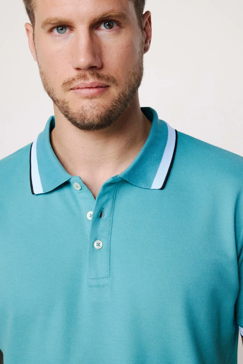 Tudors Men's Polo Neck Slim Fit Collar and Sleeve Striped Pique Turquoise T-Shirt