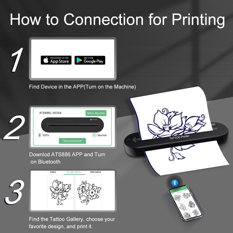 YILONG Bluetooth Tattoo Stencil Printer, Tattoo Thermal Machine with 15 Pcs Tattoo Transfer Paper, Portable Tattoo Transfer Copier Machine for Tattoo Artists and Beginners, ATS886L - Image 3