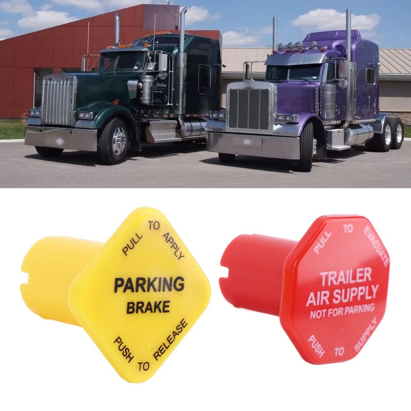 Parking Brake Knobs 2-Pack (Yellow Red) Enhanced Visibility Durable Plastic Air Brake Knobs - Easy Direct Replacement Trailer Brake Knob for Peterbilt Kenworth Western Star Semi Truck Push Pull Valves - Image 1