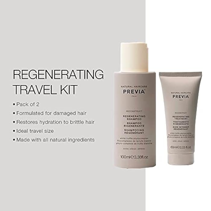 Previa Reconstruct Travel Kit for Damaged Hair - Regenerating Shampoo & Treatment with White Truffle - Vegan, Gluten-Free, Sulfate-Free Luxury Hair Care Set for Dry, Brittle Hair (3.4 oz & 2 oz) - Image 2