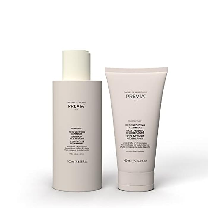 Previa Reconstruct Travel Kit for Damaged Hair - Regenerating Shampoo & Treatment with White Truffle - Vegan, Gluten-Free, Sulfate-Free Luxury Hair Care Set for Dry, Brittle Hair (3.4 oz & 2 oz) - Image 1