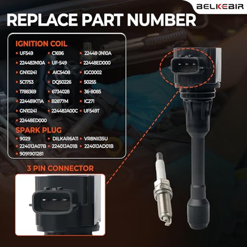 BELKEBIR Set of 4 Ignition Coil Pack & Iridium Spark Plugs Compatible with 1.6L 1.8L 2.0L 2.5L L4 2007-2018 Nissan Altima Rogue Sentra Versa Cube Frontier NV200, Infiniti FX50 M56 Q70 QX60 Replace UF549 & 9029 - Image 3