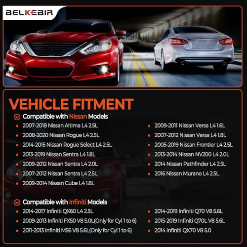 BELKEBIR Set of 4 Ignition Coil Pack & Iridium Spark Plugs Compatible with 1.6L 1.8L 2.0L 2.5L L4 2007-2018 Nissan Altima Rogue Sentra Versa Cube Frontier NV200, Infiniti FX50 M56 Q70 QX60 Replace UF549 & 9029 - Image 2