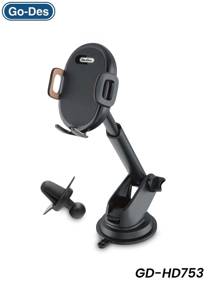 جو-ديز حامل جوال للسيارة 2 في 1 GD-HD753 مع كوب شفط قوي، مشبك فتحة تهوية، دوران 360 درجة، ذراع تلسكوبي قابل للتعديل 75 مم، قبضة ذاتية الشد، حامل لوحة القيادة والزجاج الأمامي لجميع الهواتف الذكية - Image 1