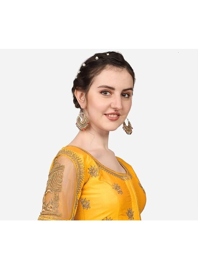 Pujia Mills Women's Multicolor Temple Embroidery Net Back Sequence Khatli Work Sleeves Design Phantom Silk Readymade Blouse For Saree and Lehenga Choli - Image 2