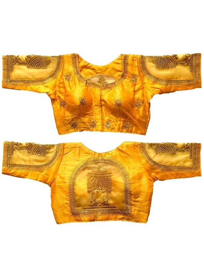 Pujia Mills Women's Multicolor Temple Embroidery Net Back Sequence Khatli Work Sleeves Design Phantom Silk Readymade Blouse For Saree and Lehenga Choli - Image 3