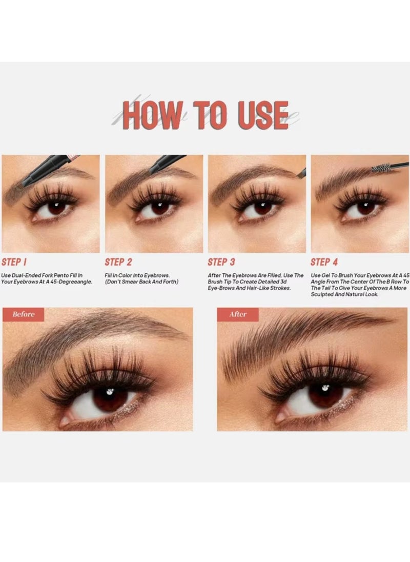 HelloKiss - Double End Eyebrow Shaping 2 in 1 4 Tip Head Brow Pen and Eyebrow Gel Clear Brow Styling Gel and Eyebrow Color Ink Pen Hair Like Strokes Smooth Stroke Liquid Eyebrow Pencil Black 04 - Image 1