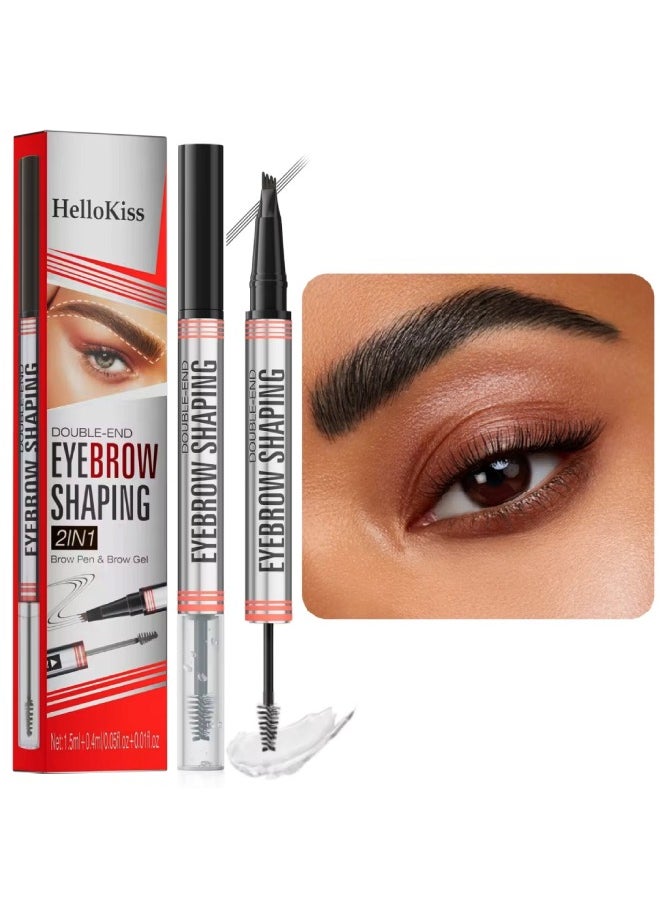 HelloKiss Double End Eyebrow Shaping 2 in 1 4 Tip Head Brow Pen and Eyebrow Gel Clear Brow Styling Gel and Eyebrow Color Ink Pen Hair Like Strokes Smooth Stroke Liquid Eyebrow Pencil Black 04  - Image 1