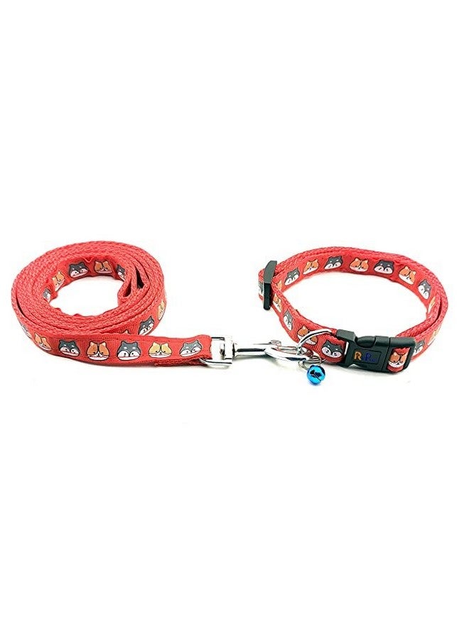 طقم طوق ومقود مطبوع عليه صورة حيوان أليف مقاس 15 مم - طوق نايلون قابل للتعديل مع جرس للكلاب الصغيرة والمتوسطة، طقم طوق ومقود للجراء والكلاب والقطط (أحمر، نمط 2) - Image 4
