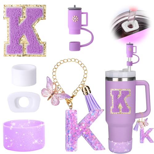 Mity rain 6PCS Cup Accessories Set for Stanley Cup 30oz 40oz tumbler with handle, Including Silicone Straw Topper Cover Cap and Boot, Spill Proof Stopper, Handle Charm, Initials Sticker (Letter K) - Image 1