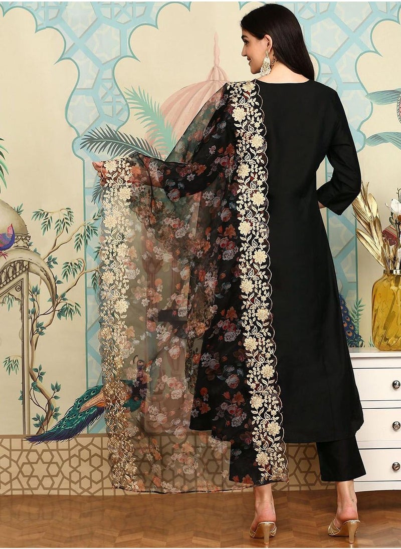 ISHIN Women's Black Polyester Blend Self Design Full Length Palazzo Kurta Set  - Image 5