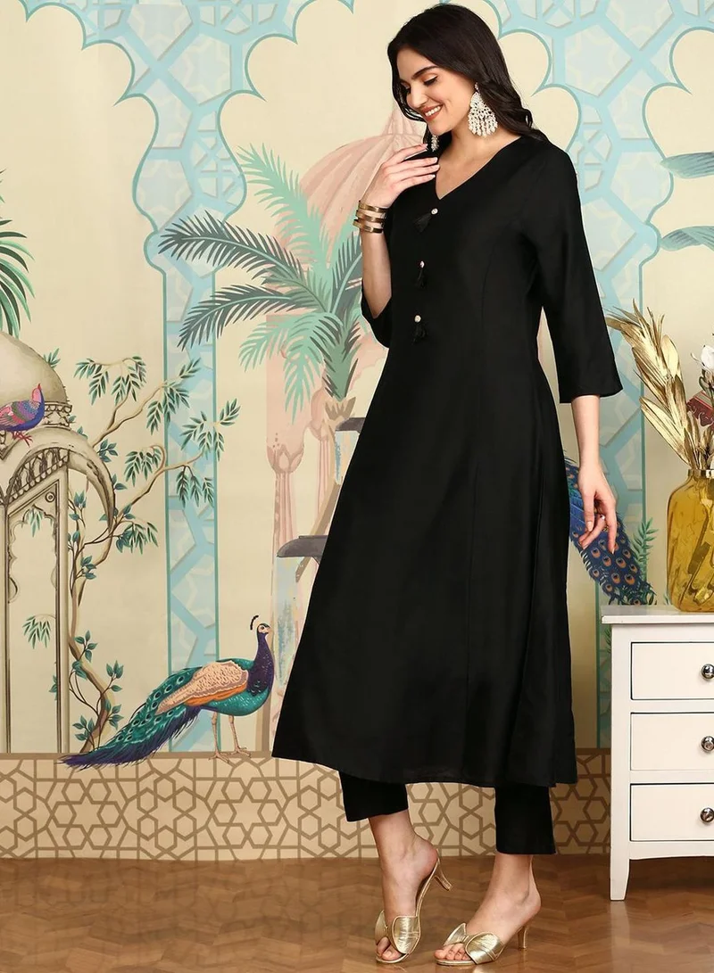 آي شين Women's Black Polyester Blend Self Design Full Length Palazzo Kurta Set