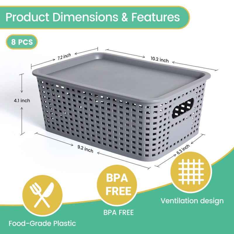 Ohmlove Plastic Storage Baskets with Lid-Plastic Storage Containers Stackable Storage bins: Storage Baskets for Organizing Shelves Drawers Desktop Closet Playroom Classroom Office, 8Pack-Gray,10.2x7.2x4.1Inch - Image 2