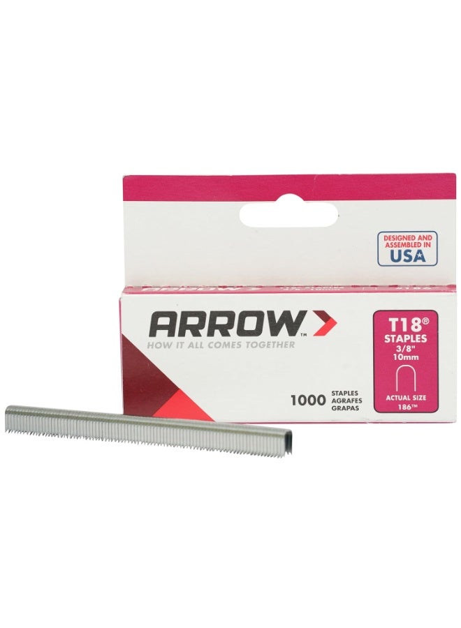 Arrow Fastener سهم 186 T18 بطول ساق 3/8 بوصة، حجم تاج 3/16 بوصة، دبابيس 1,000 عدد - Image 1