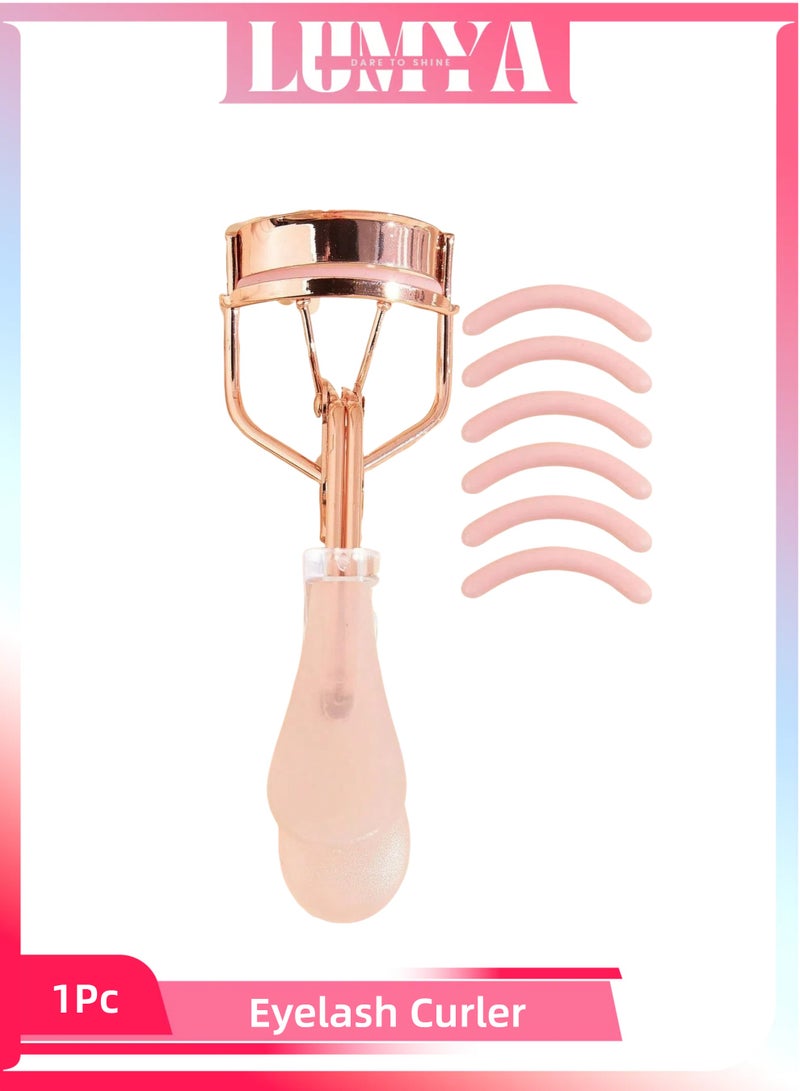LUMYA Stainless Steel Eyelash Curler with 6 Pink Refill Pads, Pain Free Lash Curler with Silicone Handle, Ergonomic Design, Fits All Eye Shapes & Sizes, Portable Lash Curler for Women (Pink) - Image 1